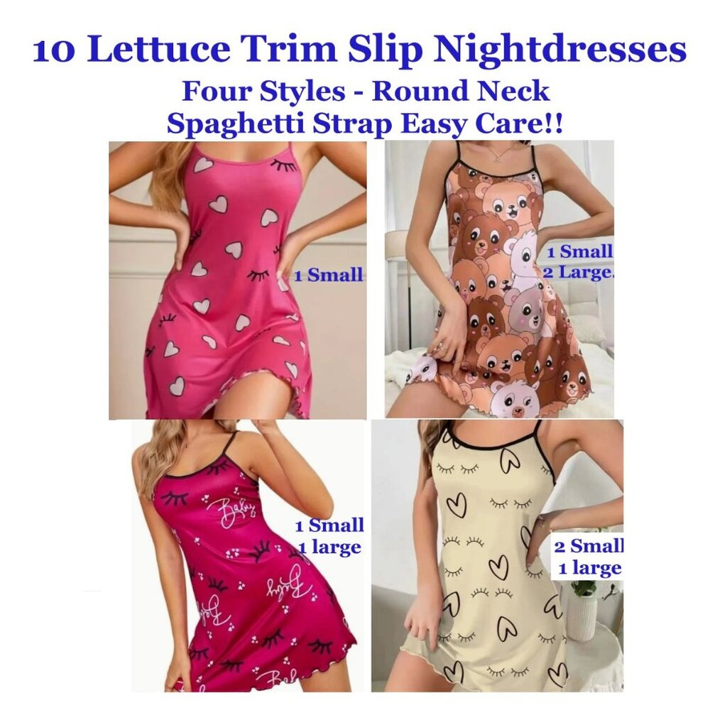 10 Lettuce Trim Slip Nightdresses, Round Neck Backless Sleep Dresses Mixed Sizes